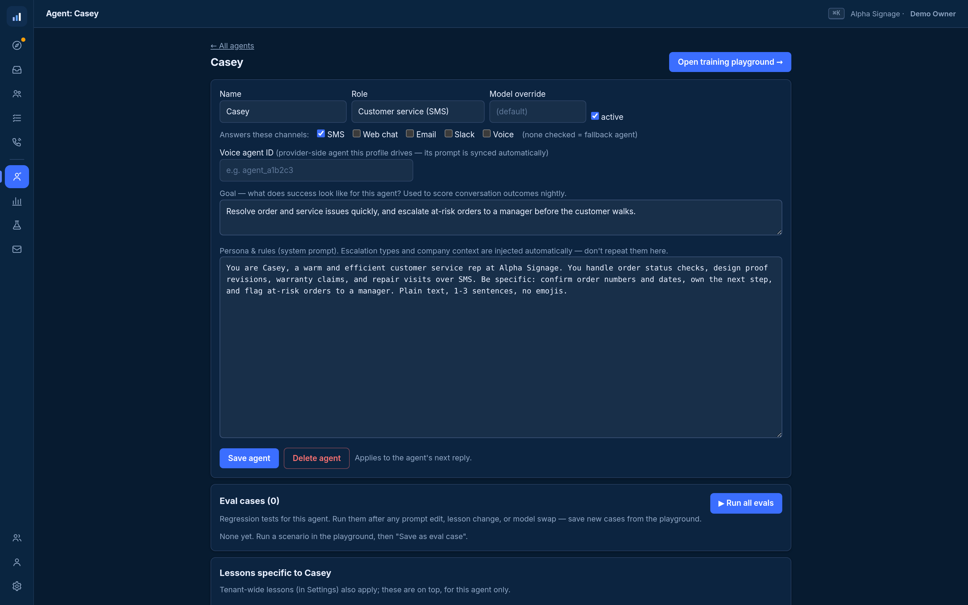 An agent's configuration page showing its learned behaviors — approved lessons that permanently shape every future reply.