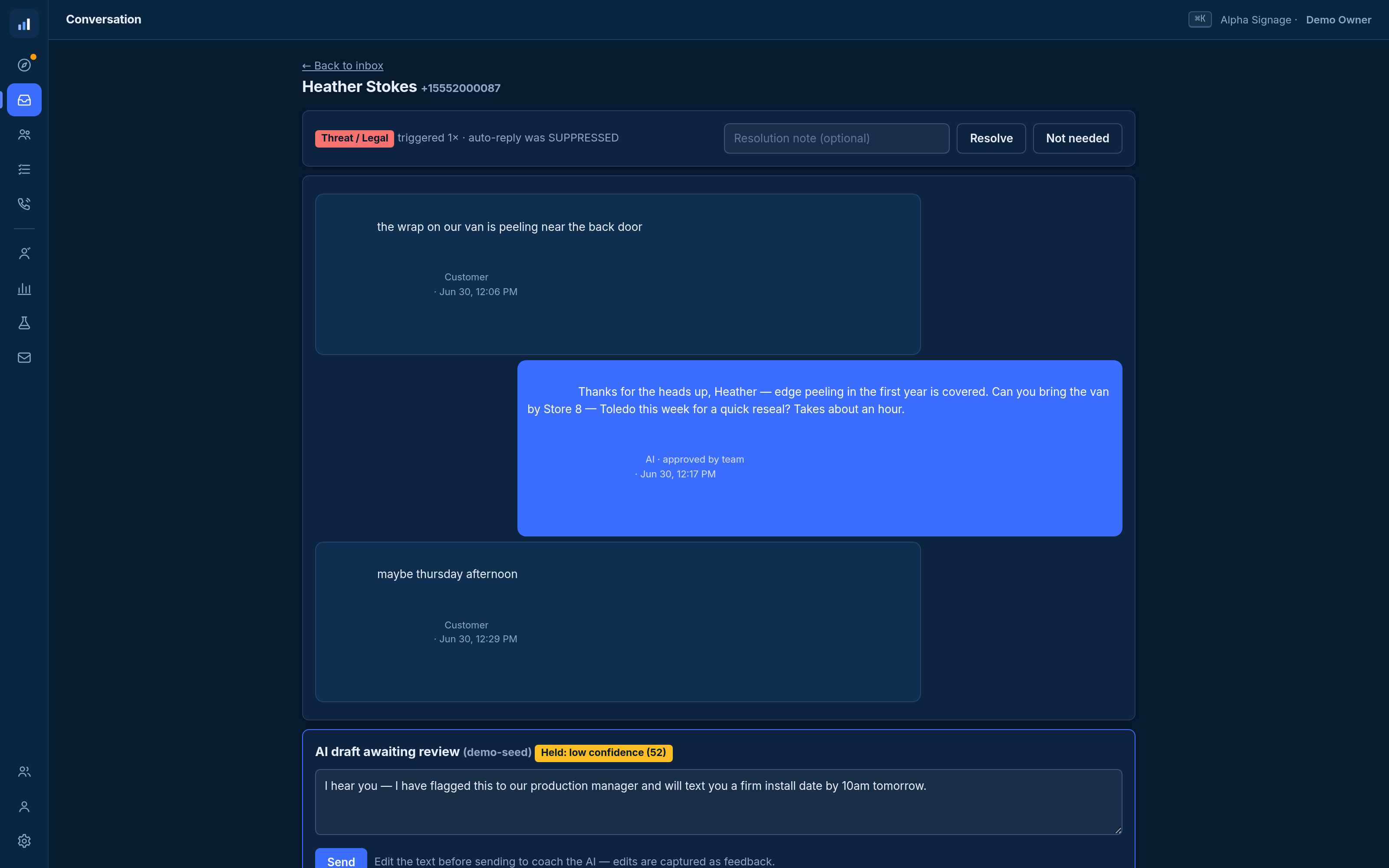A conversation thread showing a Threat/Legal escalation suppressing the auto-reply while a drafted response is held at low confidence awaiting human review.