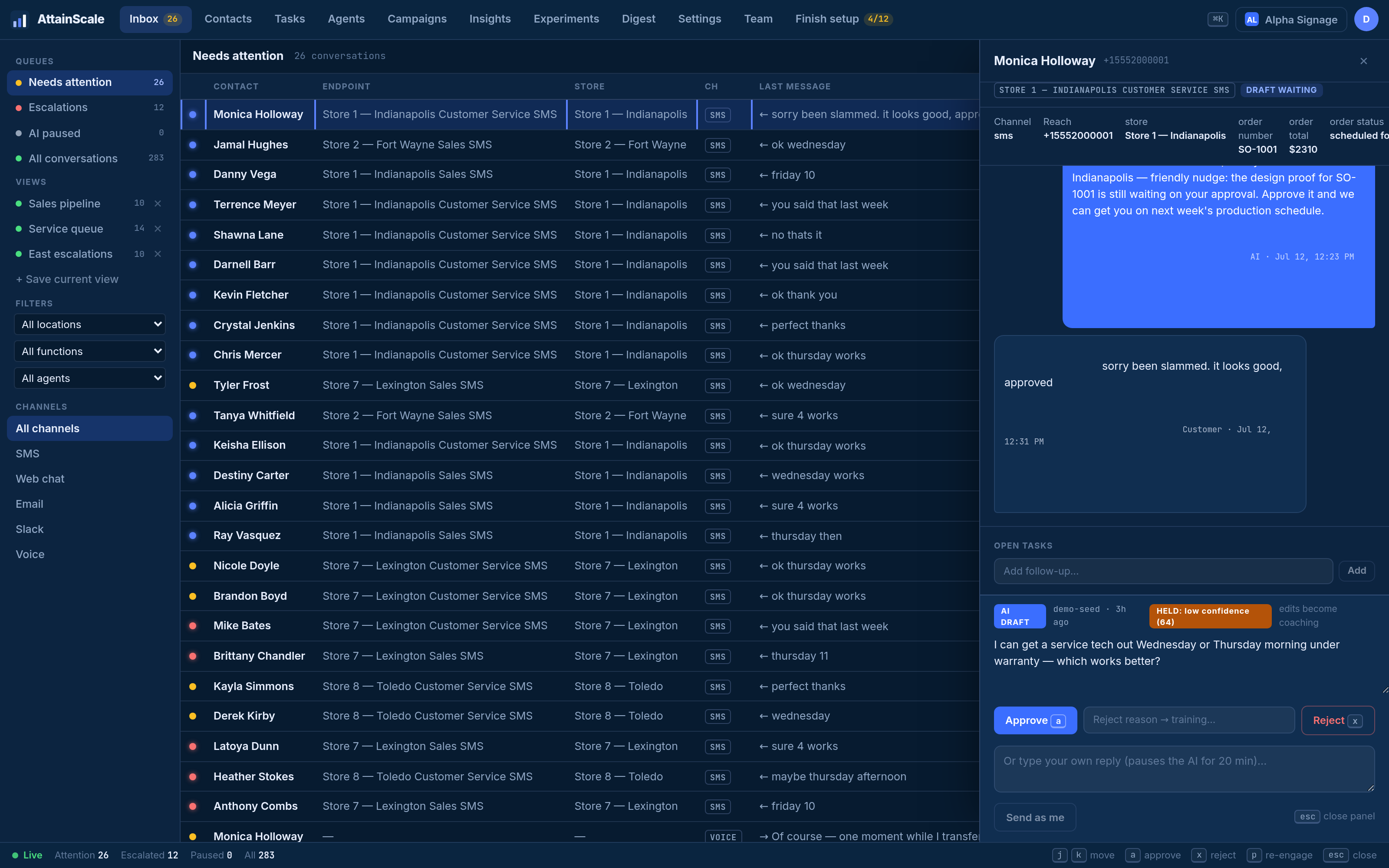 A conversation thread with the AI's draft held for review — the manager can send it, edit it, or reject it with a note. Edits and rejections become training.