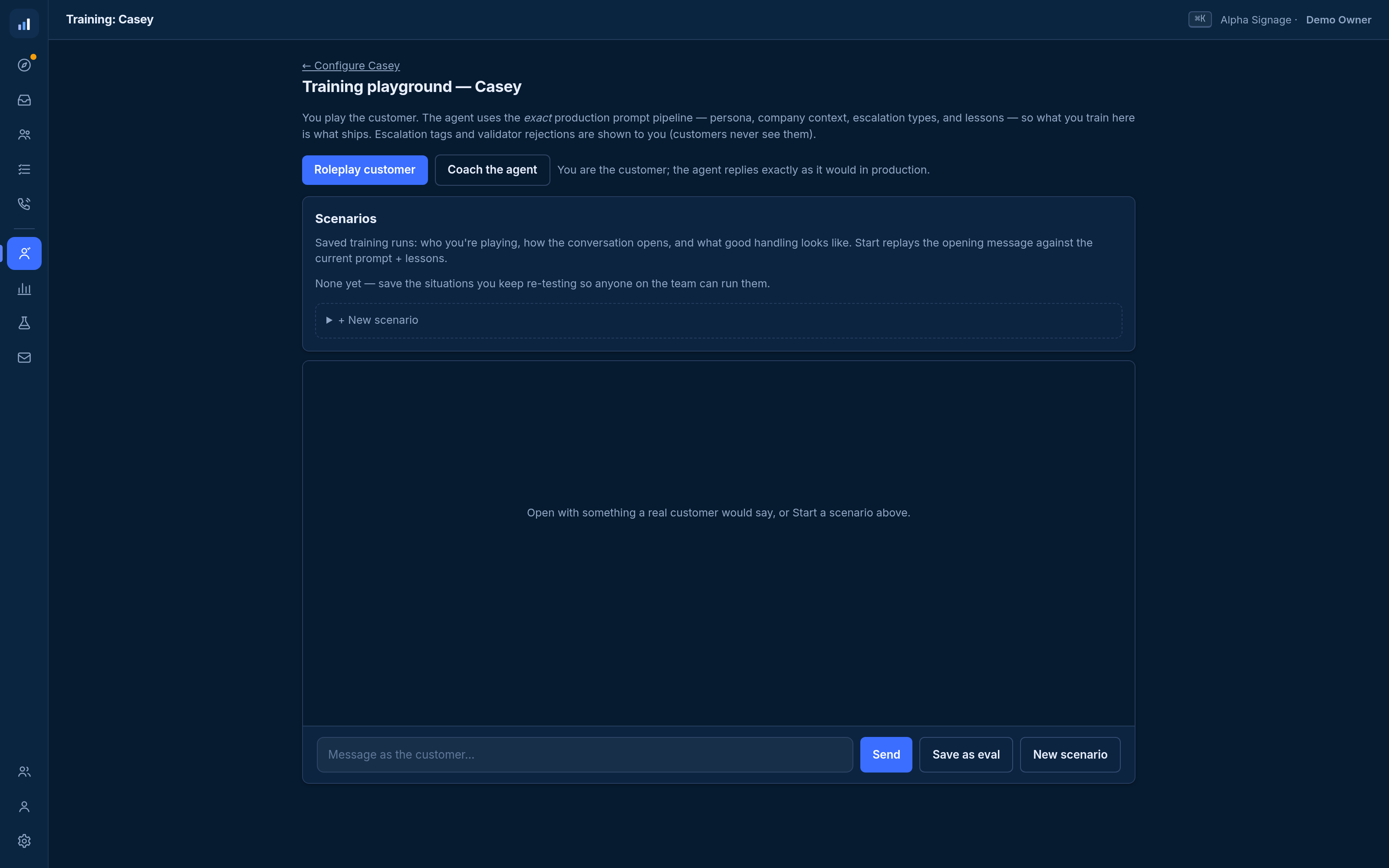 The training playground: roleplay as a customer to test the agent, or switch to coach mode and correct it like a manager briefing a new hire.